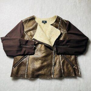 G By Giuliana Womens Brown Metallic Finish Faux Leather Moto Jacket Size 1X